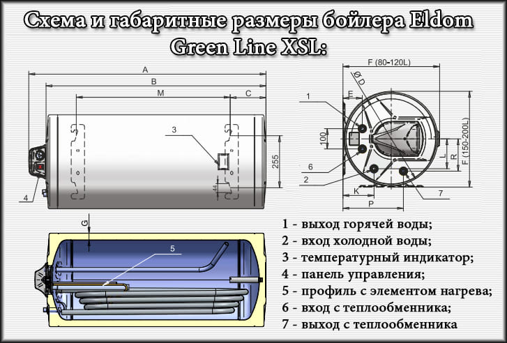 Схема та габаритні розміри бойлера Eldom Green Line XSL Схема та габаритні розміри бойлера Eldom Green Line XSL